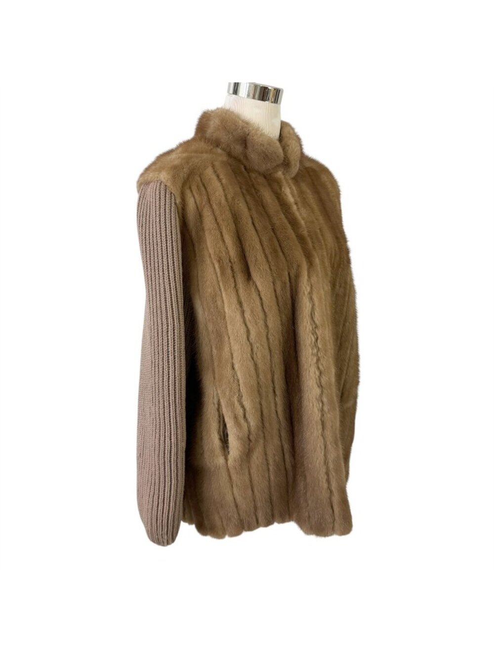 Mink Fur Coat with Wool Blend Knit Sweater Sleeves Size M Vintage 1960s